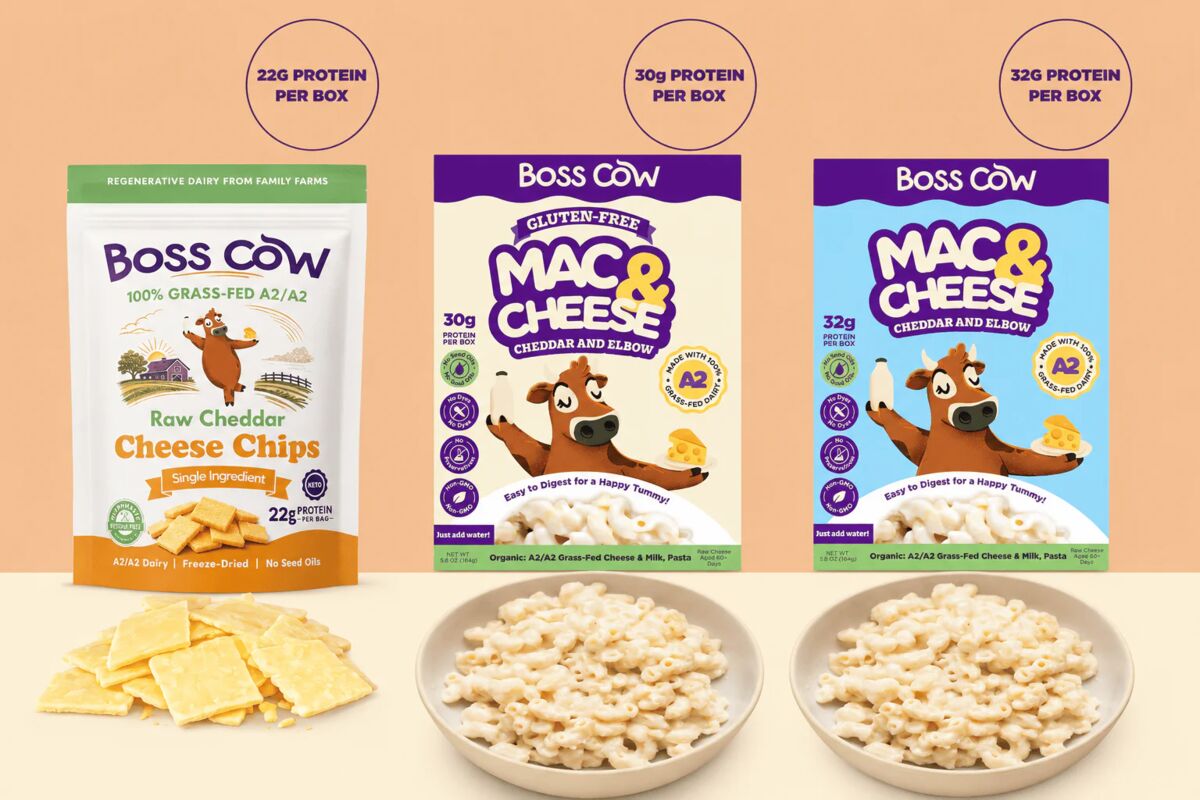 Boss Cow's three products: grass-fed cheddar cheese chips, gluten-free mac & cheese, original mac & cheese — 30-32g protein per box