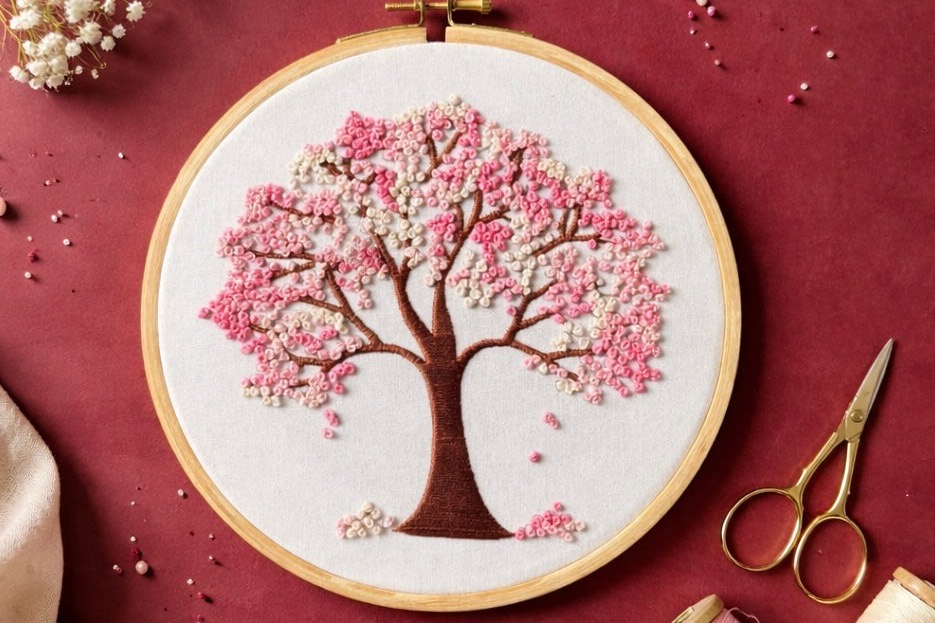 A cherry-blossom embroidery hoop by Knot Your Type