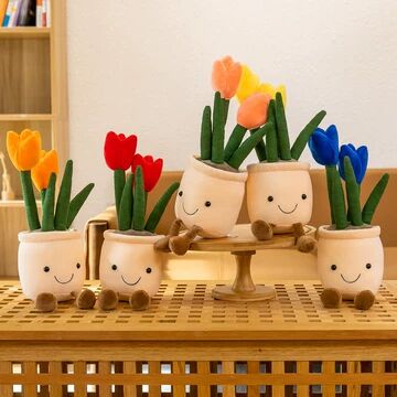 LovinSprout tulip plush pots in four colors — yellow, red, pink and blue — the product range that grew from a single design
