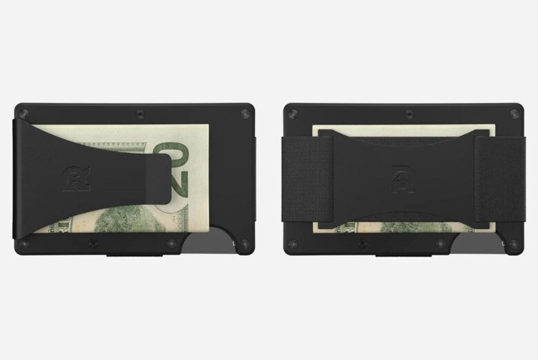 The Ridge Wallet showing two cash-carrying options: money clip (left) and elastic cash strap (right)