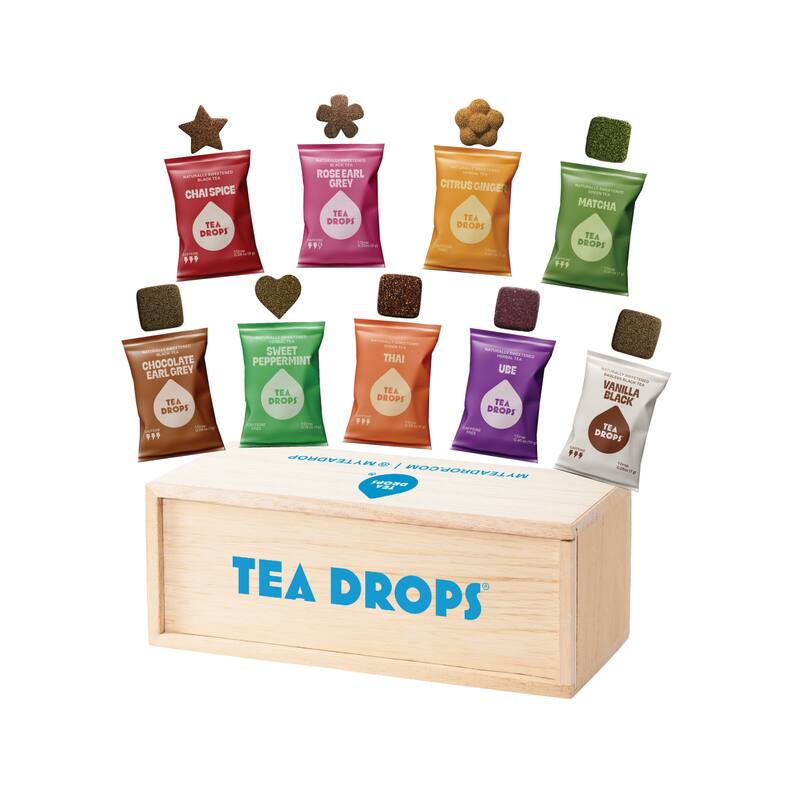Tea Drops sampler gift box — multiple flavors including citrus ginger, rose earl grey, lavender matcha