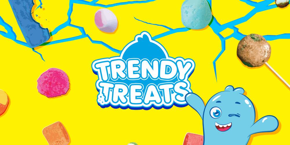 Trendy Treats brand visual — bright yellow background with colorful freeze-dried candies and the brand's blue mascot